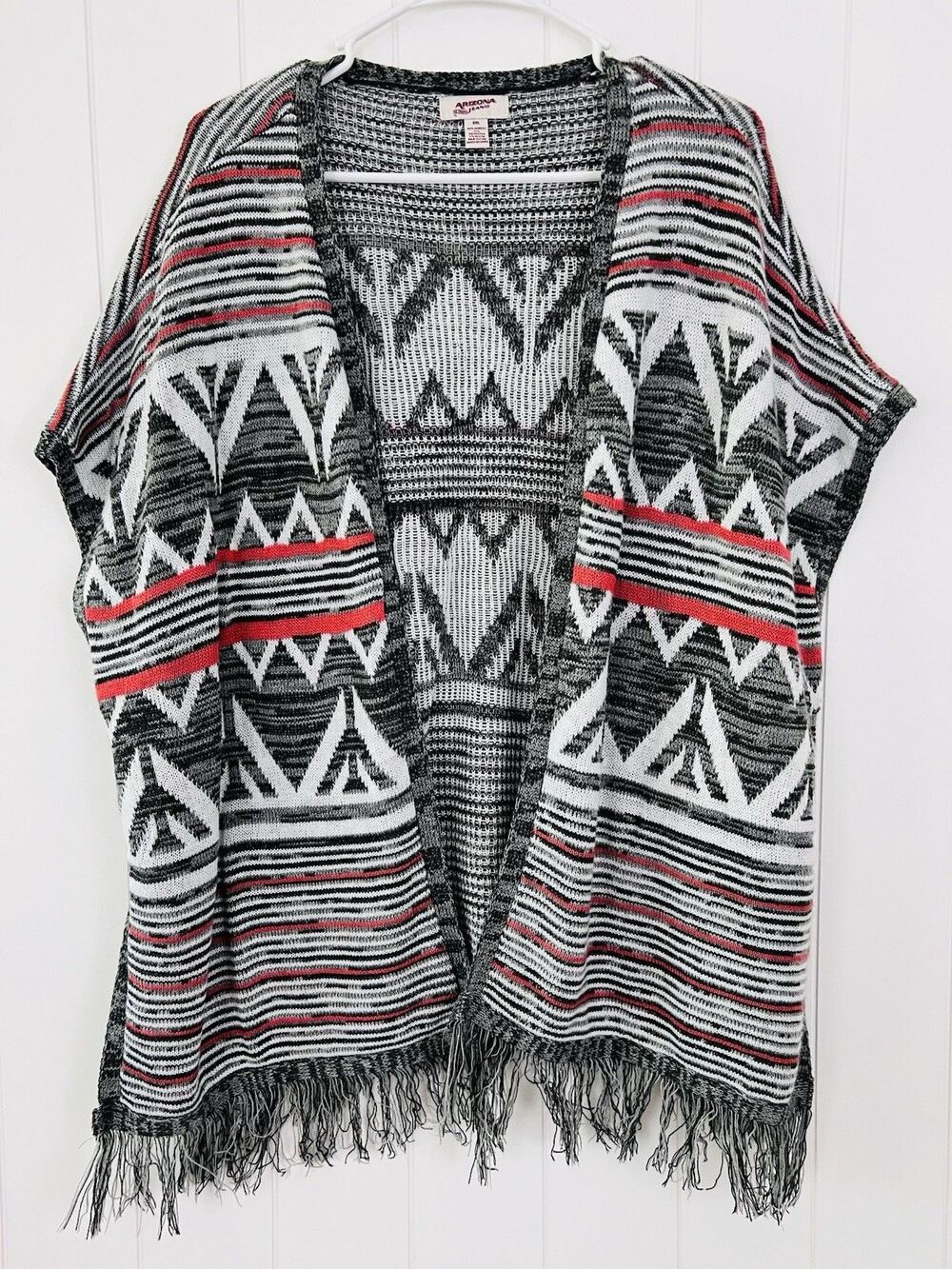 Arizona Jean Gray Geometric Fringed Poncho Cardigan Sweater Southwest Aztec XXL